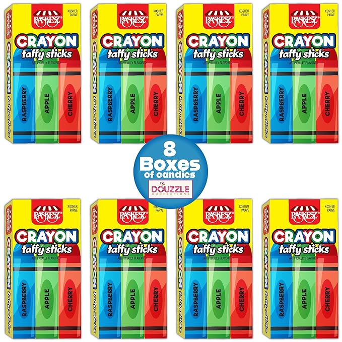 DOUzzle Back To School Edible Crayon Taffy Sticks Candy for Marines, School & Graduation (8 Count, 1 Pack) Individually Wrapped, Party Favor, Goodie Bag & Pinata Filler - Kosher Parve