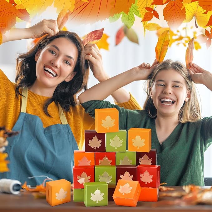 Dispowreath 24 Pcs Fall Treat Boxes Fall Cardboard Box with Maple Leaf Shape Window Autumn Thanksgiving Bakery Box Thanksgiving Paper Gift Container for Cookie Goodie Candy Party Favors