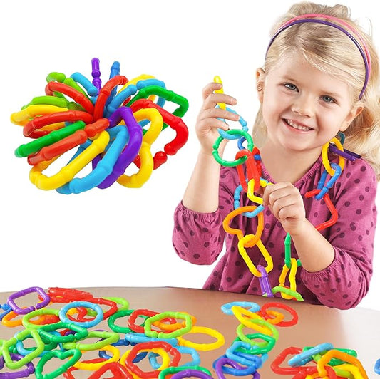 RAINBOW TOYFROG Baby Links Rings - 35 Geometric Linking Chains for Infants & Toddlers - Safe Teething and Sensory Development Toys - Car Seat & Stroller Accessories