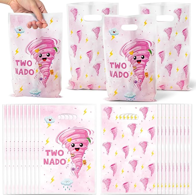 Two Nado Party Favor Bags - 50Pcs Pink Tornado Patterns Goody Candy Treat Gifts Bags, Cute Two Nado Themed Kid Party Decorations for Baby Girls Boys 2nd Birthday Baby Shower Supplies