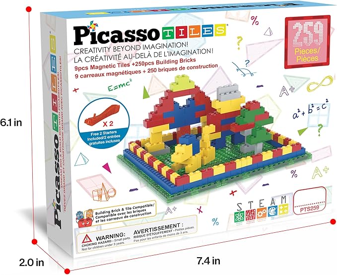 PicassoTiles Magnetc Brick Tile 259pcs Building Block Combo Set Compatible with Major Brick Systems Over 50+ Builds STEM Educational Construction Toy for Kids Toddlers Boys Girls Ages 3 and Up PTS259