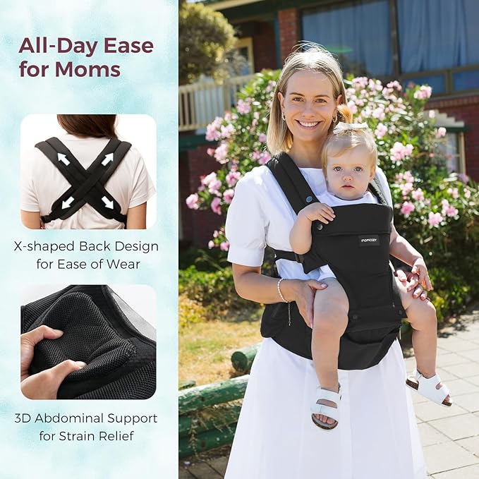 Momcozy Baby Carrier with Hip Seat, 2-in-1 Forward-Facing Carry for Active Babies, Detachable Hands-Free Infant Carrier up to 44lbs, All Seasons Toddler Carrier Fits Waist Sizes up to 45 Inches, Black