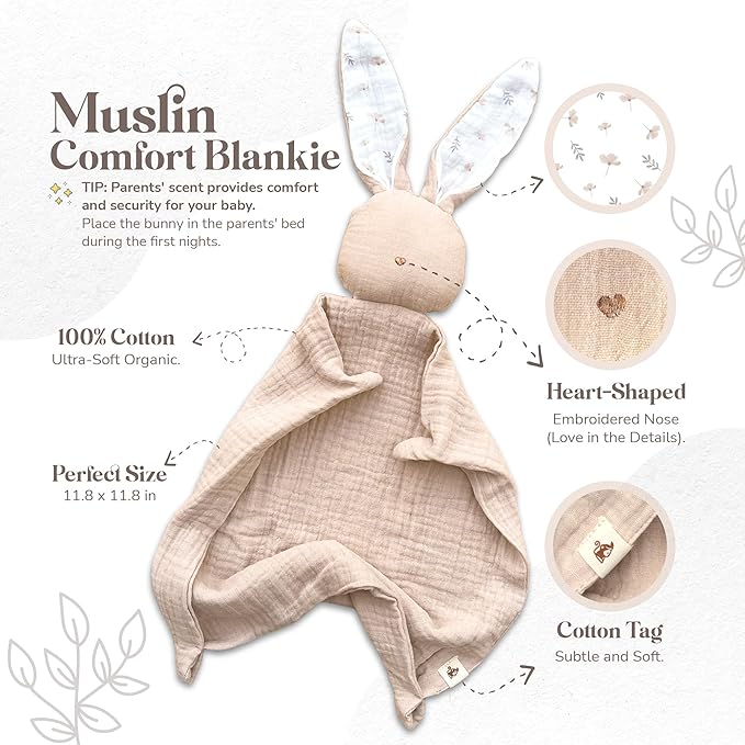 Mikito Organic Cotton Newborn Gift Box, Unisex Baby Gift Set incl. Muslin Lovey Comforter + Bandana Bib + Wooden Teether + Birth Announcement Sign