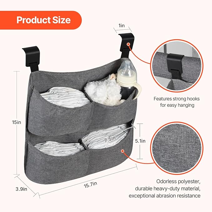 Hanging Diaper Organizer for Crib – Large Capacity Diaper Caddy Holder with 4 Deep Pockets, Diaper Bag Organizer for Changing Table,Bassinet, Stroller,Playpen accessories
