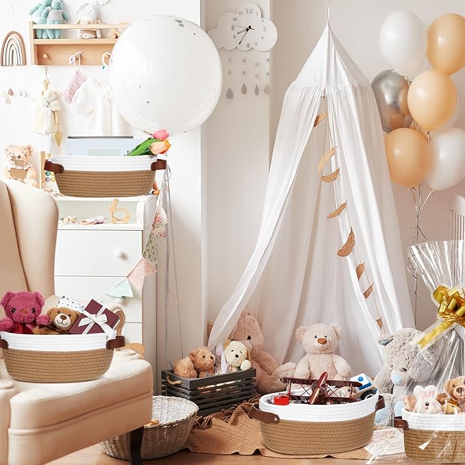 3 Pack Small Woven Basket for Gifts with Handles Clear Bags and Ribbons Empty Storage Basket Decorative Chest Box for Birthday Present Baby Shower Wedding(White and Dark Brown,12"x 8"x 5")