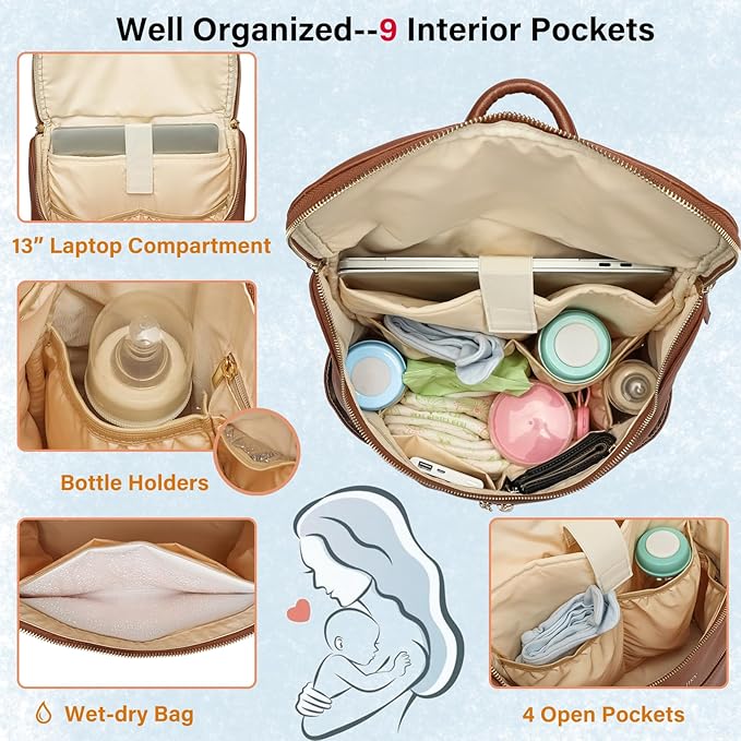 Leather Diaper Bag Backpack for Boy Girl Twins, Toddler Diaper Bag with Multiple Pockets, Cooler Compartment