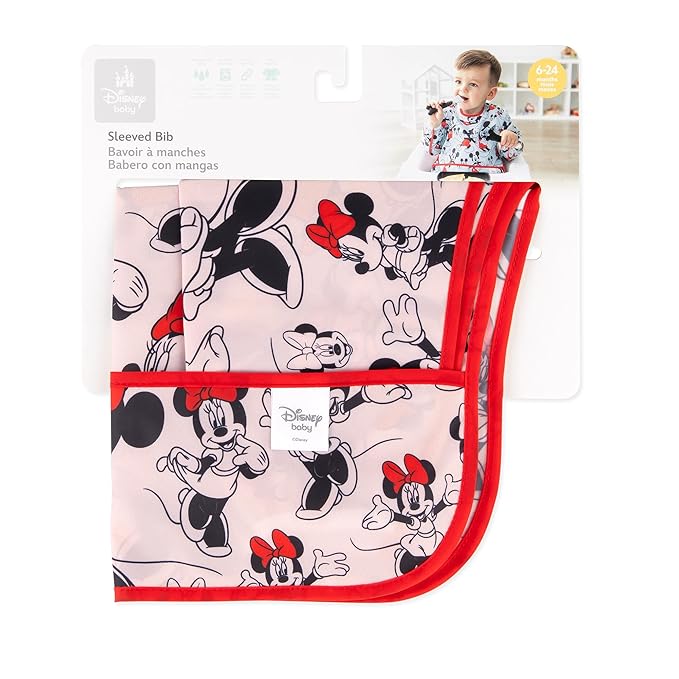 Bumkins Disney Bibs, Baby and Toddler Girls and Boys 6-24 Months, Long Sleeve, Essential Must Have for Eating, Feeding, Mess Saving Lightweight Waterproof Fabric Sleeved Smock, Minnie Mouse Classic