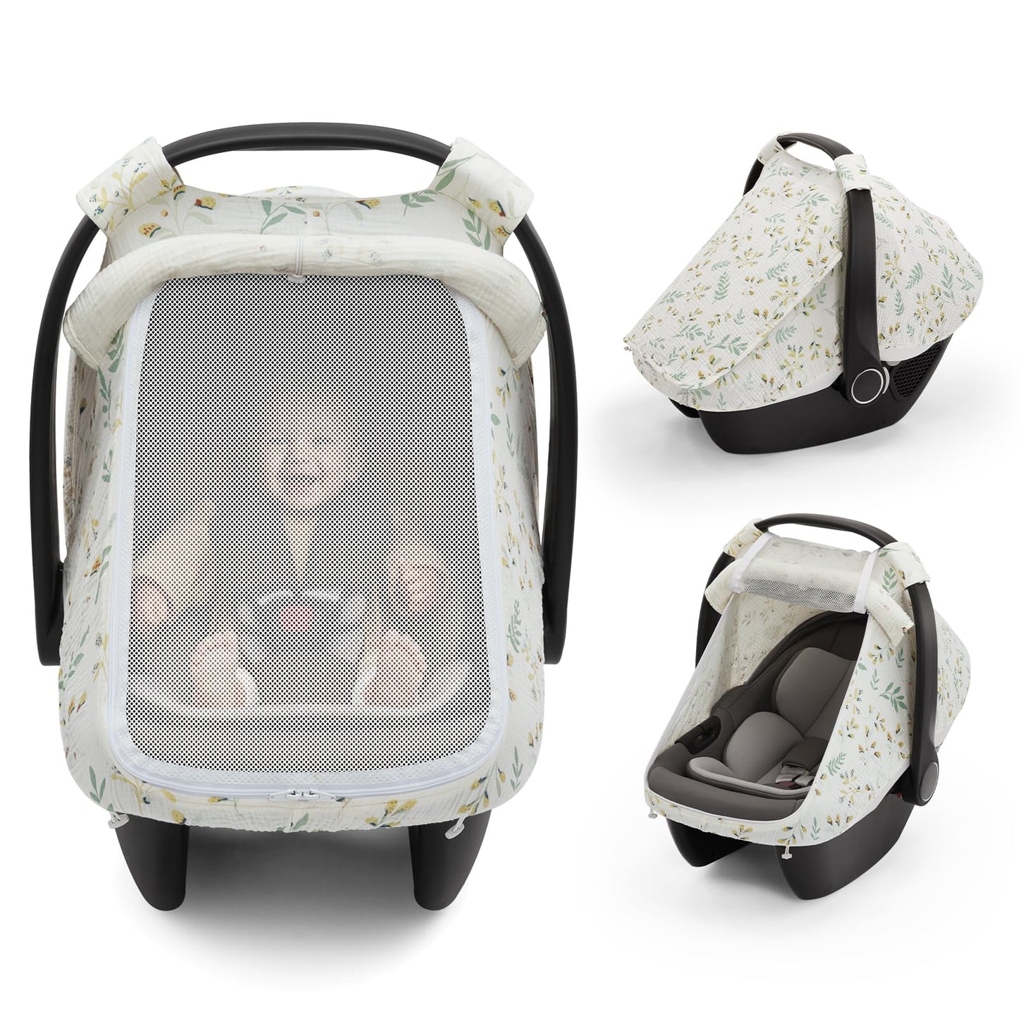 Blissful Diary Baby Car Seat Cover, Extra Large Mesh Window, Breathable Muslin Cotton, Infant Windproof Canopy, Must-Have Baby Gift - Roman Green