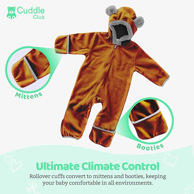 Cuddle Club Fleece Baby Bunting Bodysuit with Hood, Convertible Mittens & Booties, Car Seat Friendly, Soft & Warm, Easy Zip