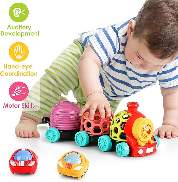iPlay, iLearn Baby Toy Train, Infant Soft Cars for 6-12 Month Boy, Musical Push N Go Truck, Toddler Sensory Ball Rattle, Development Grasp Babies Birthday Gift 7 8 9 10 11 18 Month 1 2 Year Old Girl