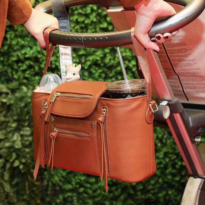 Miss Fong Stroller Organizer with Insulated Cup Holder - Stroller Accessory Bag, Caddy, Diaper Bag, Storage with Adjustable Strap (Brown)