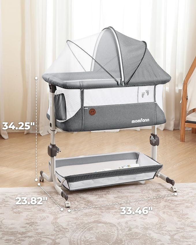 Baby Bassinet Bedside Sleeper, Upgraded Stability Bedside Crib with Full Mesh Sides, Soft Sheet, 6-Height Adjustment, Storage Basket, Easy Folding Portable Bassinet for Newborns, Gray