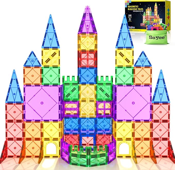 Soyee 102PCS Magnetic Tiles Building Blocks Stem Toys for 3+ Year Old Boys and Girls Montessori Toys Toddler Kids Gifts Parents Approved Sensory Toys