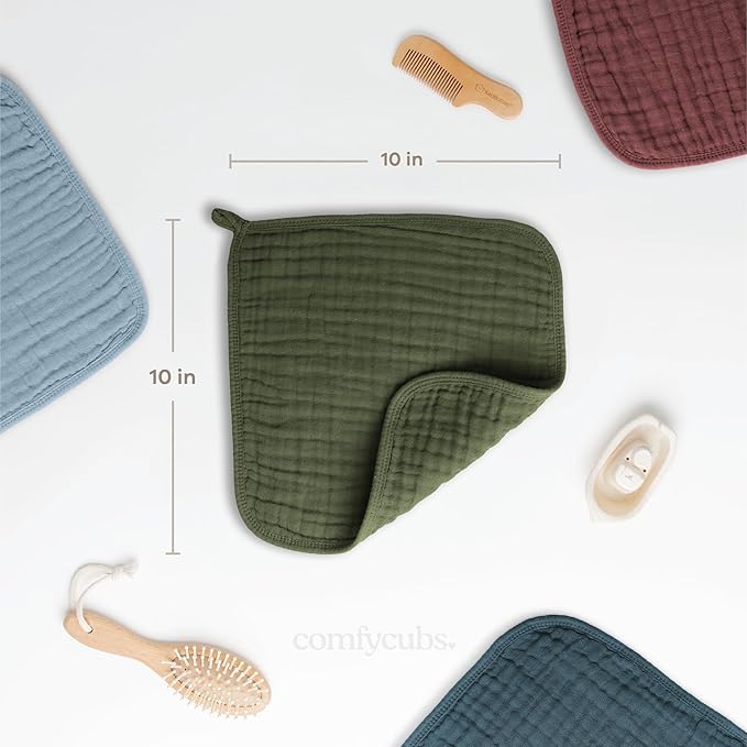 Comfy Cubs Muslin Baby Washcloths 6 Pack - Soft 6-Layer Cotton Wash Cloths for Sensitive Skin - 10"x10" Large, Gentle, Absorbent Infant Essentials for Newborn and Toddlers - Kelp