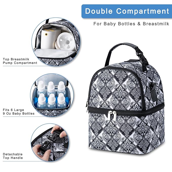 Breastmilk Cooler Bag with Ice Pack Fits 6 Baby Bottles up to 9 Ounce, Breast Milk Pump Cooler Bag with Shoulder Strap for Nursing Mom Daycare, Work, Travel- Black