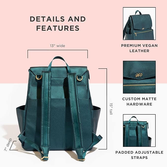 Freshly Picked Classic II Diaper Bag Backpack, Wipeable Vegan Leather With Changing Pad (Emerald V2)