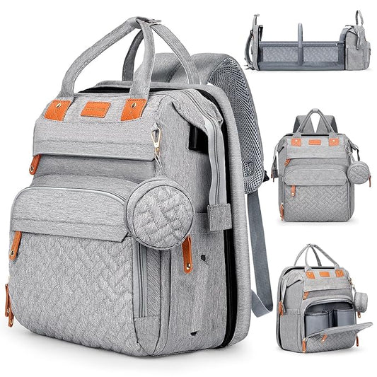 Baby Diaper Bag, Backpack with Changing Table, Unisex Baby Bag, with Diaper Pad, USB Charging Port, Insulated Pacifier Case, Multifunctional Waterproof Travel Diaper Bag, Gift for Newborn Baby (Grey)