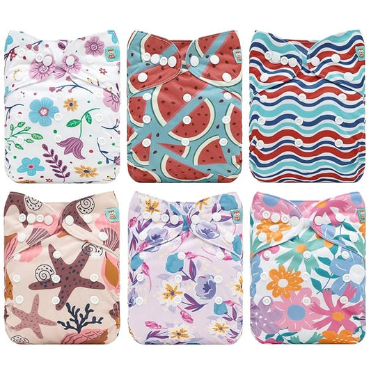 ALVABABY 6 Pack Cloth Diaper with 12 Inserts One Size Adjustable Washable Reusable Diaper Cover for Baby Girls and Boys