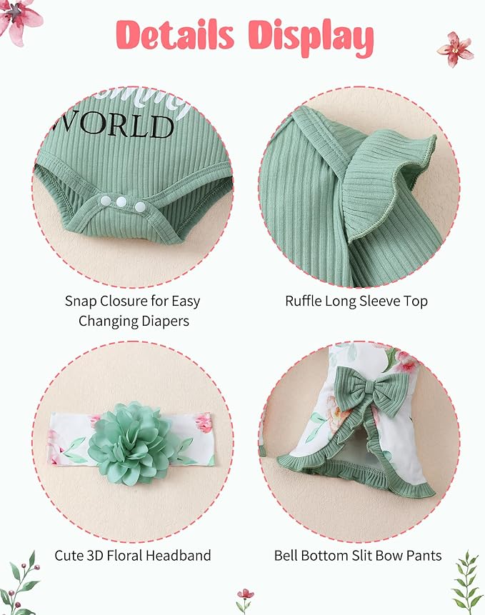 SUNNY PIGGY Newborn Baby Girl Clothes Infant Outfits Romper Floral Fall Outfit Bell Bottoms Pant Sets Hat Headband Flowerpant