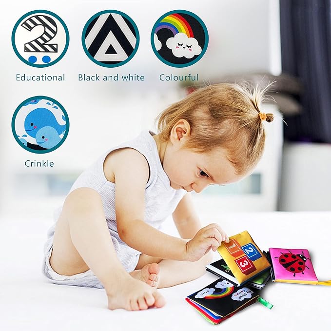 Soft Cloth Baby Book Toy 0-6 Months, Black White Baby Learning Book(Pack of 4),Touch and Feel Crinkle Infants 6-18 Months,Early Educational Toy 0-3, Gift for Babies Infants