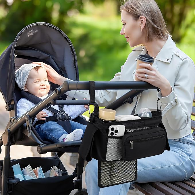 Accmor Universal Stroller Organizer with Insulated Cup Holder Detachable Phone Bag and Shoulder Strap,Stroller Bag Caddy Organizer Fits for Uppababy, Baby Jogger, Britax Strollers