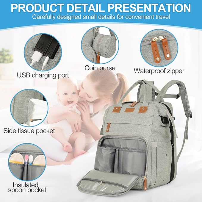 large diaper bag backpack,baby bag with changing station for Boys Girls,Multifunctional Diaper Bag,Mommy Bag With USB Charging Port(grey)