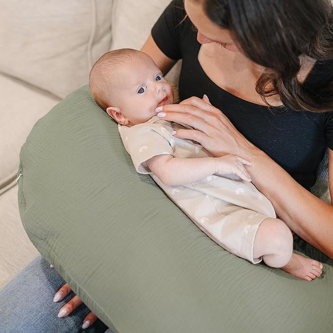 Konssy Muslin Nursing Pillow Covers, Soft and Cute Nursing Covers for Breastfeeding Pillows, Ideal for Newborn Baby Boys and Girls (Fog Green, Cream) - 2 Pack