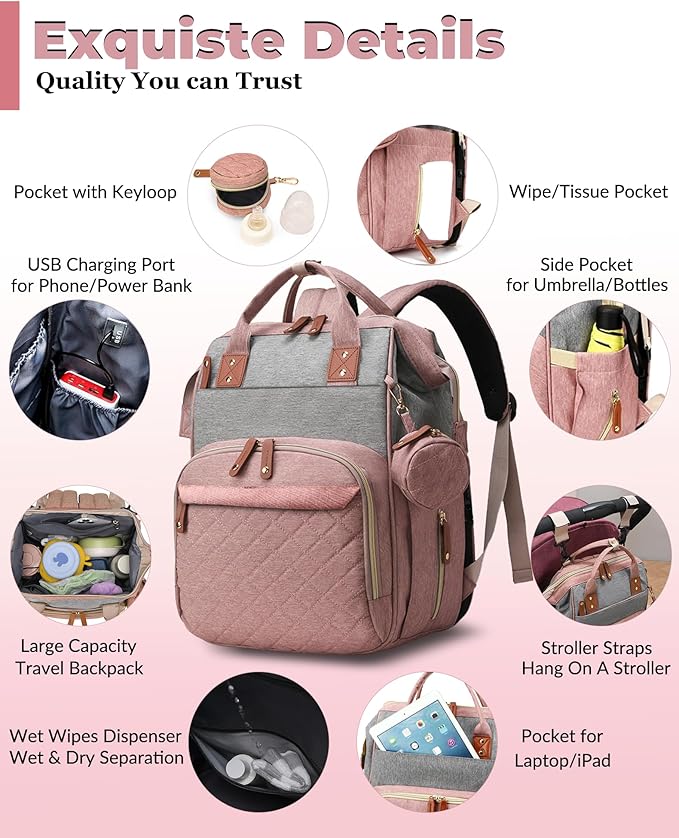 Diaper Bag with Changing Station, Waterproof 3 in 1 Baby Diaper Backpack with Foldable Changing Pad, Pink-Grey