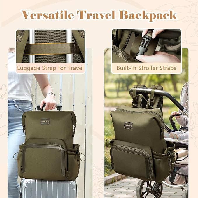 miss fong Diaper Bag Backpack - Baby Diaper Bag Neoprene Bag Large Capacity Neoprene Backpack with Diaper Changing Pad with 12 Pockets for Mom & Dad -Green