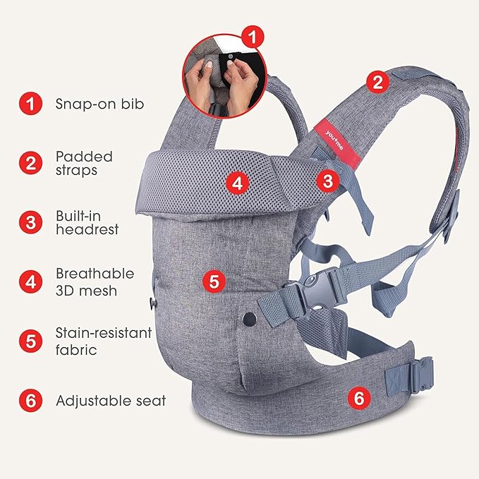 You+ME 4-in-1 Baby Carrier Newborn to Toddler - All Positions Baby Chest Carrier - Front and Back Carry Baby Carriers - Includes 2-in-1 Bandana Bib - Baby Holder Carrier for 8-32 lbs (Grey Mesh)