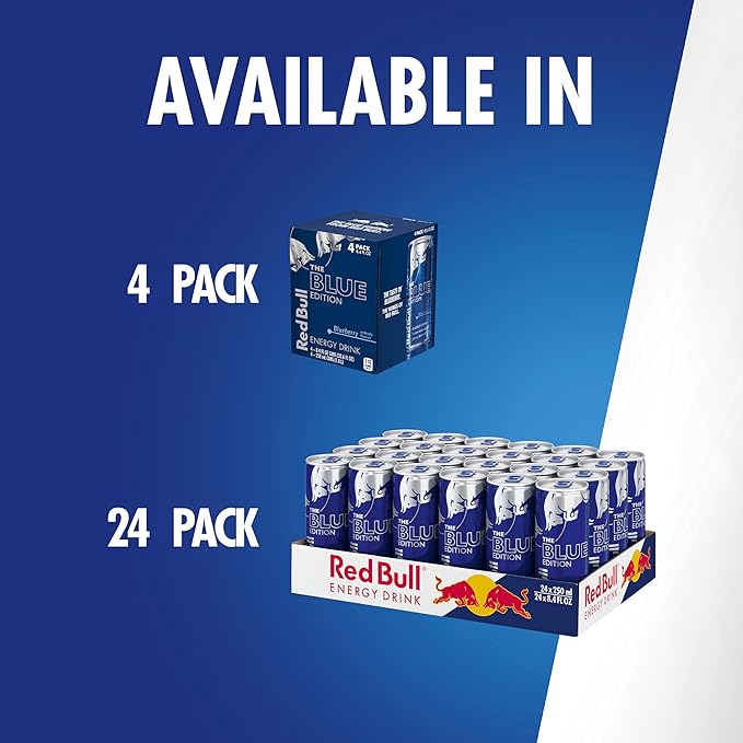 Red Bull Blue Edition Energy Drink, Blueberry, with 80mg Caffeine plus Taurine & B Vitamins, 8.4 Fl Oz, 6 Packs of 4 Cans (Pack of 24)