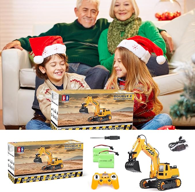 DOUBLE E Remote Control Excavator Toy 2 Batteries RC Excavators Sandbox Digger Hydraulic Construction Toys Vehicles Birthday Gift for Boys Kids 3-14 Years