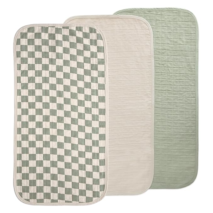 mushie Waterproof Changing Pad Liners | 100% Organic Cotton | Set of 3 (Olive Check Combo)