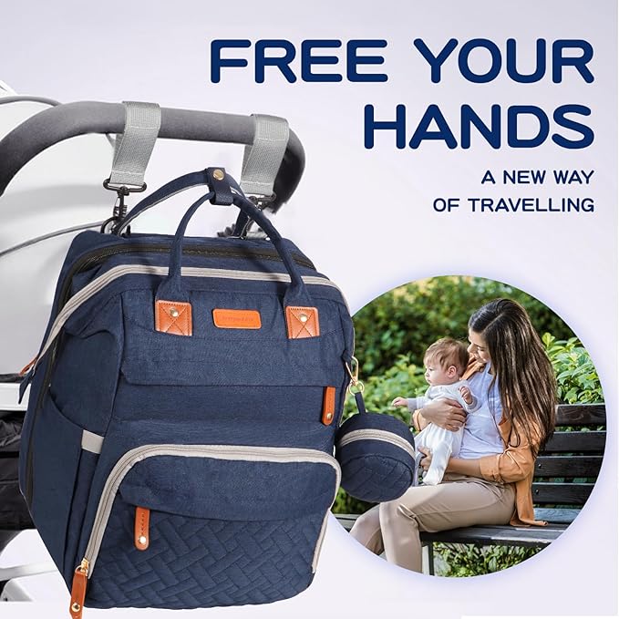 JOYCE Baby Diaper Bag Backpack, with Diaper Changing Station, Multi-functional Travel Diaper Waterproof Backpack, for Baby Boys and Girls, with Foldable Portable Pad and Sunshade (Large Blue)