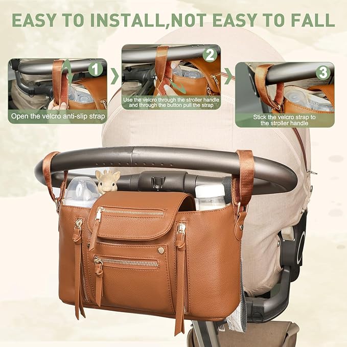 Miss Fong Stroller Organizer with Insulated Cup Holder - Stroller Accessory Bag, Caddy, Diaper Bag, Storage with Adjustable Strap (Brown)