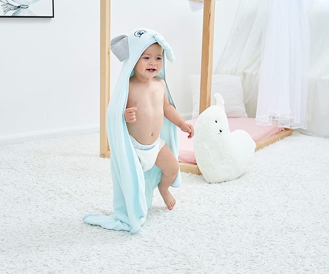 HIPHOP PANDA Hooded Towel - Rayon Made from Bamboo, Bath Towel with Bear Ears for Newborn, Babie, Toddler, Infant - Absorbent Large Baby Towel - Blue Elephant, 37.5 x 37.5 Inch