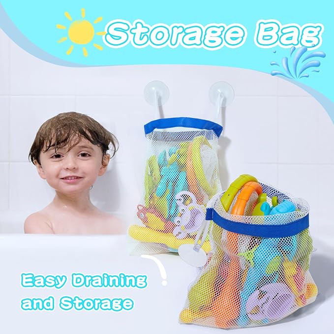 Toddler Bath Toys for Kids, 26PCS Mold Free Bath Toys with Hook-Type Fishing Rod Net Floating Sea Animals and Storage Bag, Bathtub Water Table Pool Toys for Toddlers and Babies