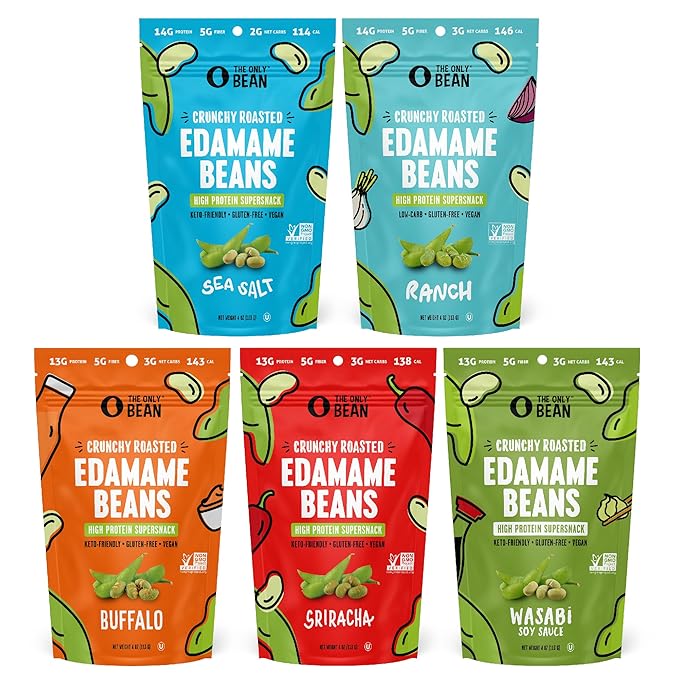 The Only Bean Crunchy Roasted Edamame Bean Snacks (5 Flavors), Healthy Snacks for Kids and Adults, High Protein Snacks, Low Carb Snack, Keto-Friendly, Gluten-Free, Vegan, 4 Ounce (Pack of 5)