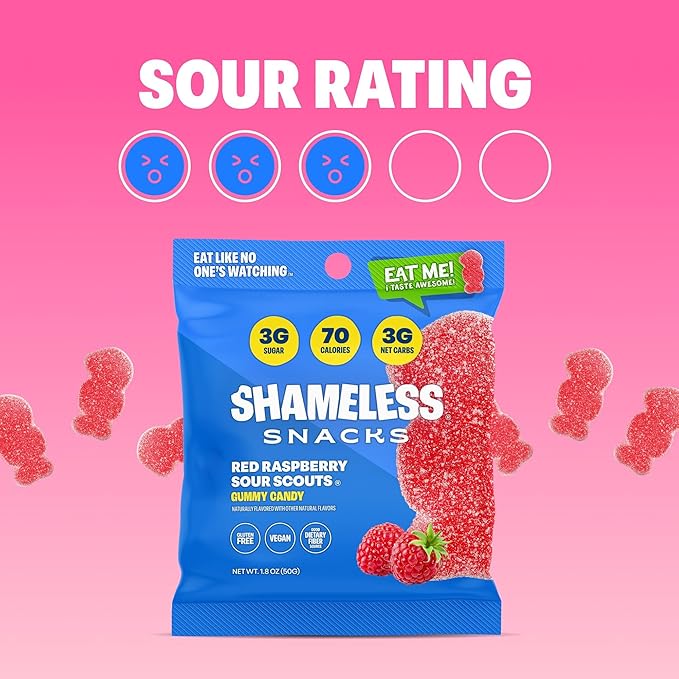 Shameless Snacks - Healthy Low Calorie Snacks, Low Carb Keto Gummies (Gluten Free Candy) - 6 Pack Red Raspberry Sour Scouts