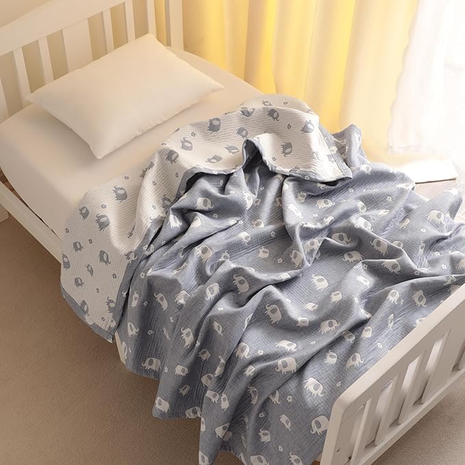NTBAY 3 Layer Muslin Cotton Toddler Blanket, Jacquard Reversible Nursery Bed Blanket, Super Soft and Thermal for All Seasons, Decoration Gift, 30"x40", Blue Elephant