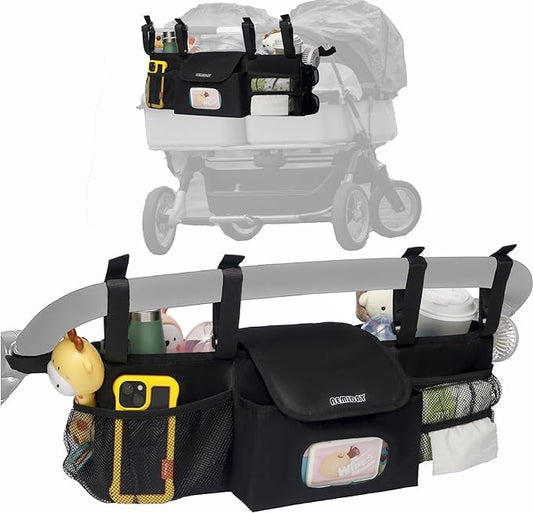 Double Stroller Organizer Compatible with BOB Duallie and Baby Jogger City Mini GT2 Double Stroller, Double Baby Stroller Accessories with 2 Cooler Pockets , Black(Empty Bag)