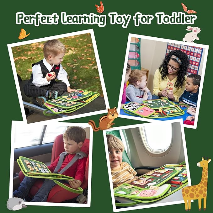 Toddler Busy Board Montessori Toys, Sensory Board Busy Book, Busy Board for Toddlers 2-4, Preschool Learning Activities with Life, Forest Animals Green, 8 Pages and 2 Pages Sensory Mats