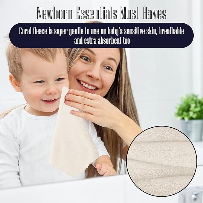 16 Pack Baby Washcloths - Luxury Coral Fleece - Extra Absorbent and Soft Wash Clothes for Newborns, Infants and Toddlers - Suitable for Sensitive Skin and New Born - Baby Shower - Cream, 10x10 Inch