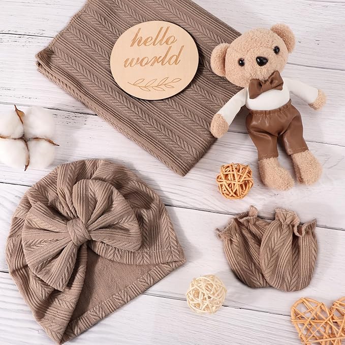 Newborn Receiving Blanket with Bow Hat Headband Wooden Card Set Wheat-Pattern Newborns Toddler Baby Boy Girl Nursery Swaddle Wrap