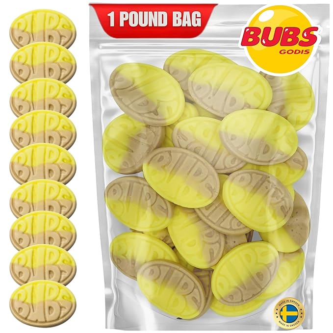 Bubs Banana Sweet Ovals. 1 POUND of Banana Toffee Caramel Soft & Chewy Swedish Candy, Marshmallow Gummy Hybrid. Vegan, Gluten and Gelatin Free Foam Godis. Packed and Imported From Sweden by Nrdiq Candy.