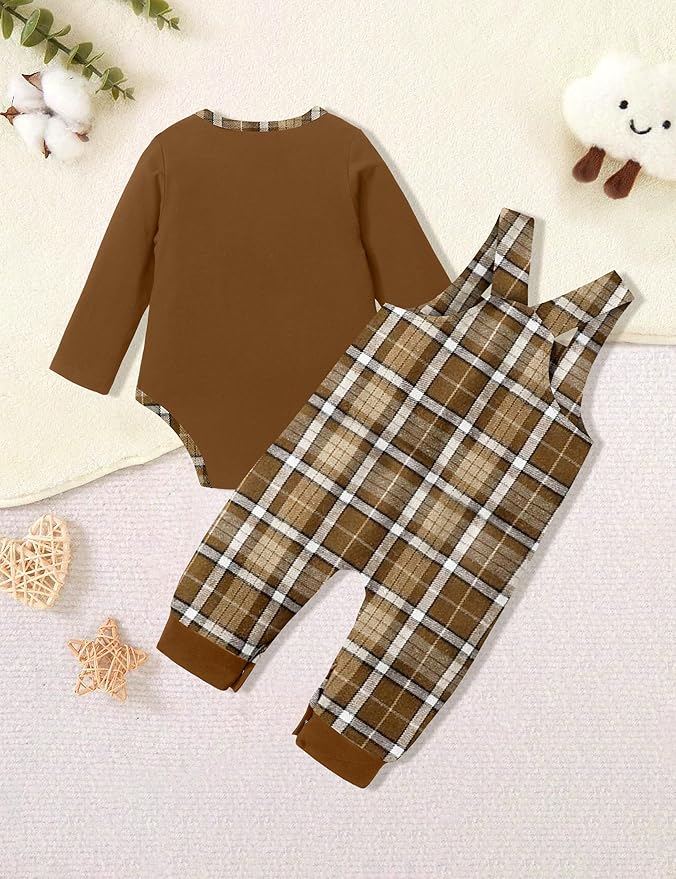 Baby Boy Clothes Long Sleeve Animal Plaid Romper + Overalls Infant Boy Clothes 2PCS Fall Winter Outfits