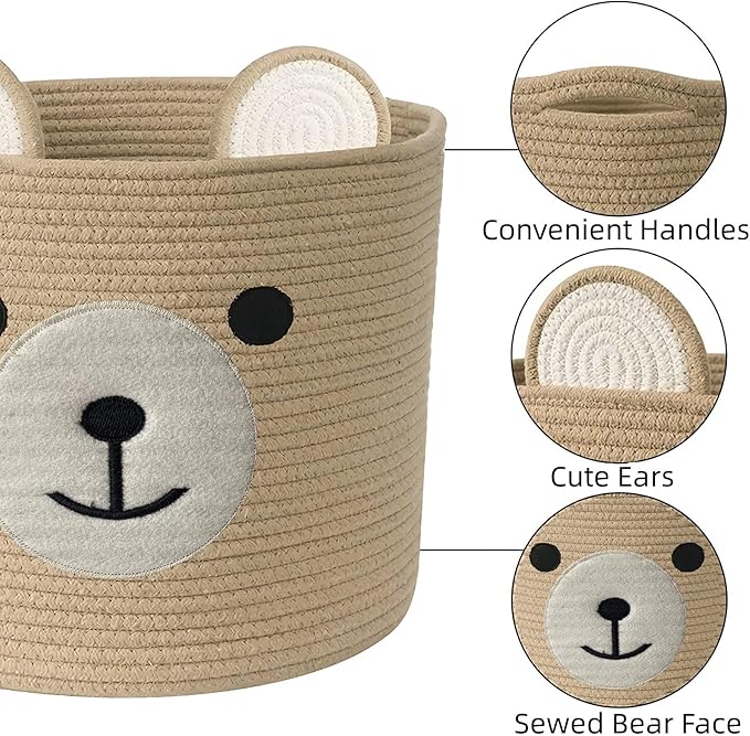 Bear Laundry Baskets Laundry Hamper Storage Baskets with Handles,Decorative Basket for Living room,Woven Storage Basket for Toys Bin Pillows Blankets Clothes (Khaki - Version 2)