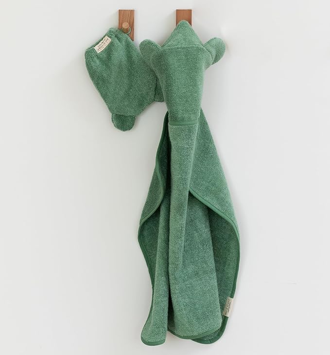 Bella Tunno Baby Bath Towel and Wash Mitt Set – Soft Absorbent Hooded Towels and Mitt-Style Baby Washcloths, Oeko-TEX Certified (Sea Foam)