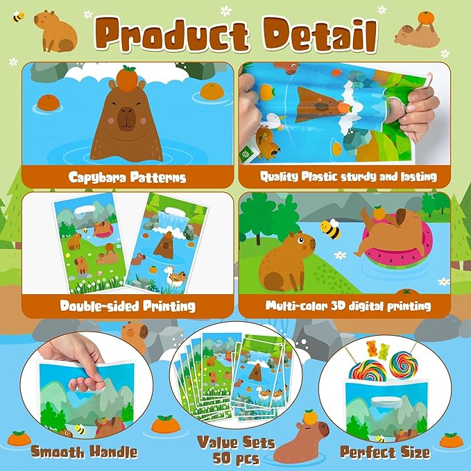 Capybara Party Favor Bags - 50Pcs Capybara Patterns Goody Candy Treat Gifts Bags, Cute Animals Themed Party Favors Supplies Decorations for Kids Boys Girls Birthday Baby Shower Animals Events