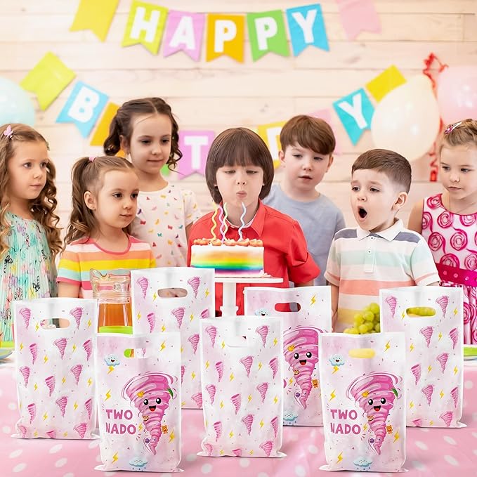 Two Nado Party Favor Bags - 50Pcs Pink Tornado Patterns Goody Candy Treat Gifts Bags, Cute Two Nado Themed Kid Party Decorations for Baby Girls Boys 2nd Birthday Baby Shower Supplies